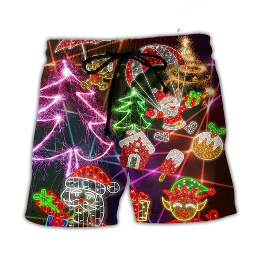 Funny Santa Elf Gingerbread Neon Beach Shorts Design Detail For Weekend Getaways And Beach Days