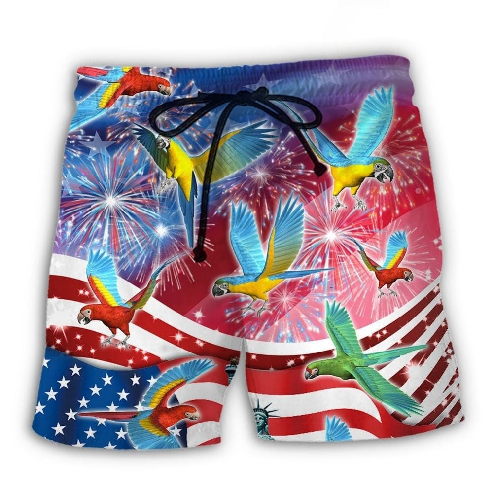 Parrot USA Flag Firework Independence Day Beach Shorts Pattern View For Resort Days And Outdoor Activities