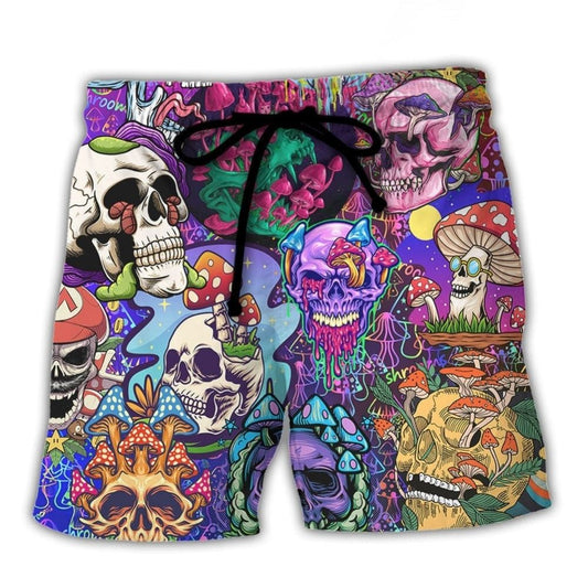 Hippie Mushroom Skull Colorful Beach Shorts Graphic Detail For Resort Trips And Casual Outings
