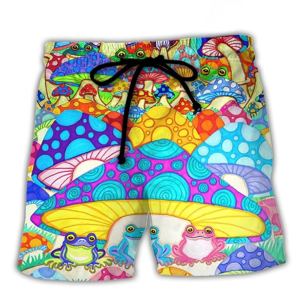Hippie Frog Mushroom Colorful Peace Beach Shorts Artwork Detail For Comfortable Everyday Summer Wear