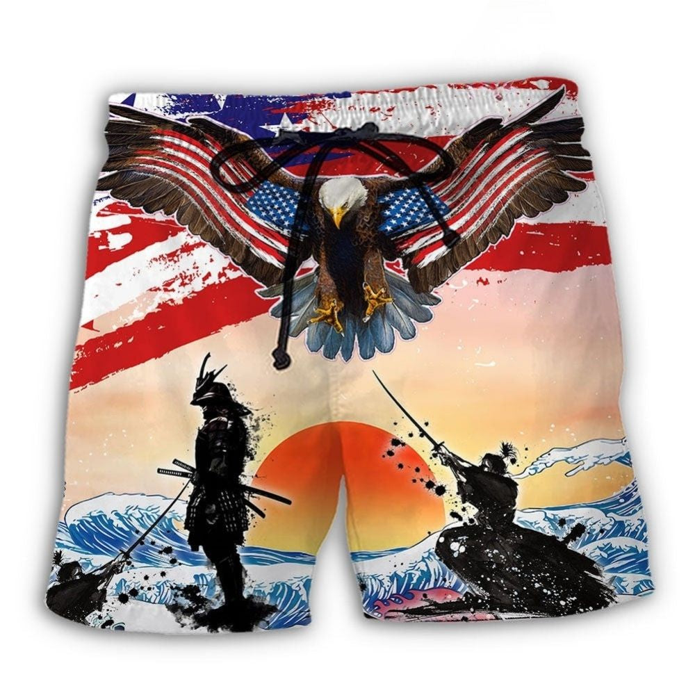 Samurai Eagle US Flag Independence Day Beach Shorts For Warm Weather Travel And Everyday Comfort
