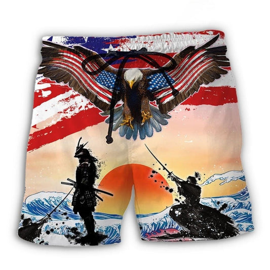 Samurai Eagle US Flag Independence Day Beach Shorts For Warm Weather Travel And Everyday Comfort
