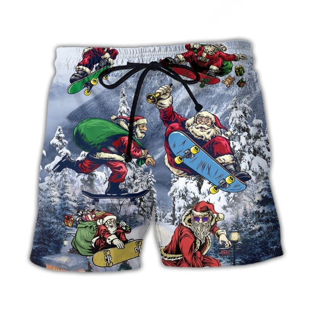 Santa Skateboarding Snowy Mountain Lights Beach Shorts For Tropical Getaways And Weekend Adventures