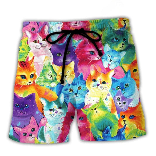 Colorful Cute Kitten Happy Life Beach Shorts Pattern Detail For Sunny Outdoor Activities
