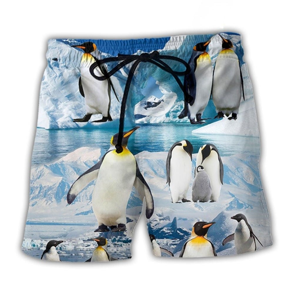 Cute Penguins Winter Snow Beach Shorts Pattern View For Coastal Holidays And Casual Activities