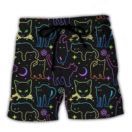 Neon Cat Playing Magical Colors Beach Shorts Pattern View For Vacation Travel And Outdoor Fun