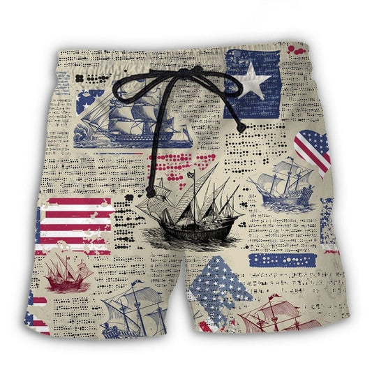 Sailing USA Flag Celebration Beach Shorts Pattern View For Resort Days And Outdoor Activities