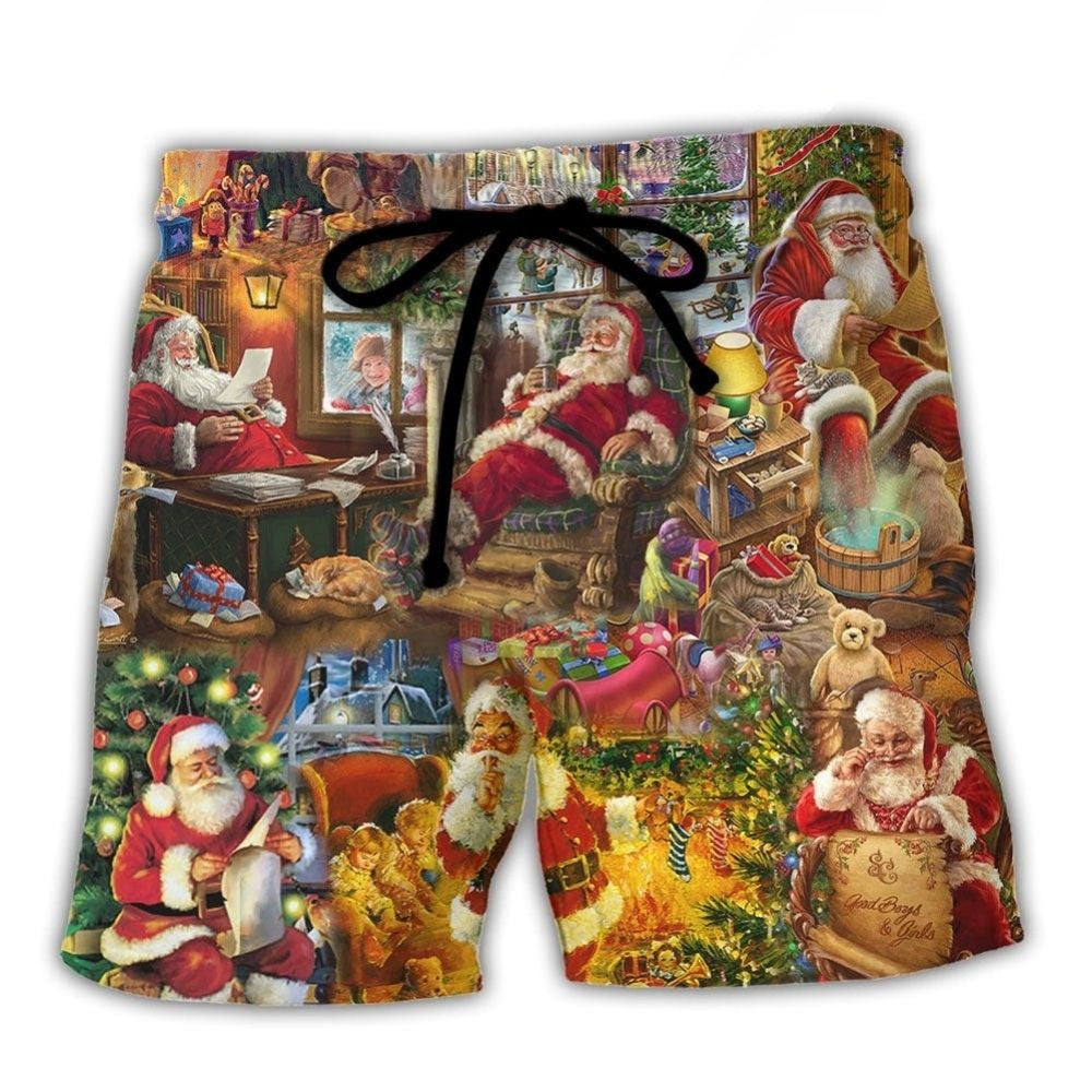 Happy Santa Holiday Season Of Joy Beach Shorts Artwork Detail For Tropical Travel And Everyday Wear