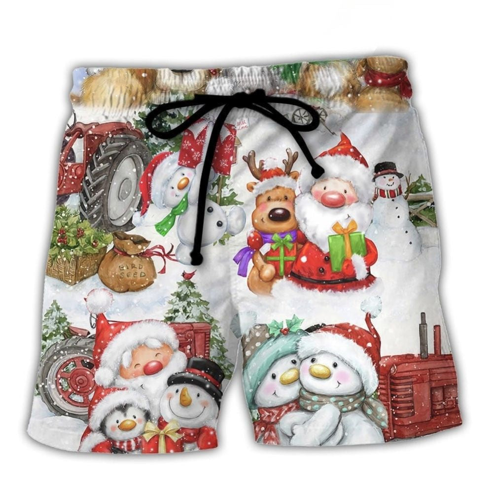 Santa And Snowman Christmas Together Beach Shorts For Summer Vacation And Coastal Travel
