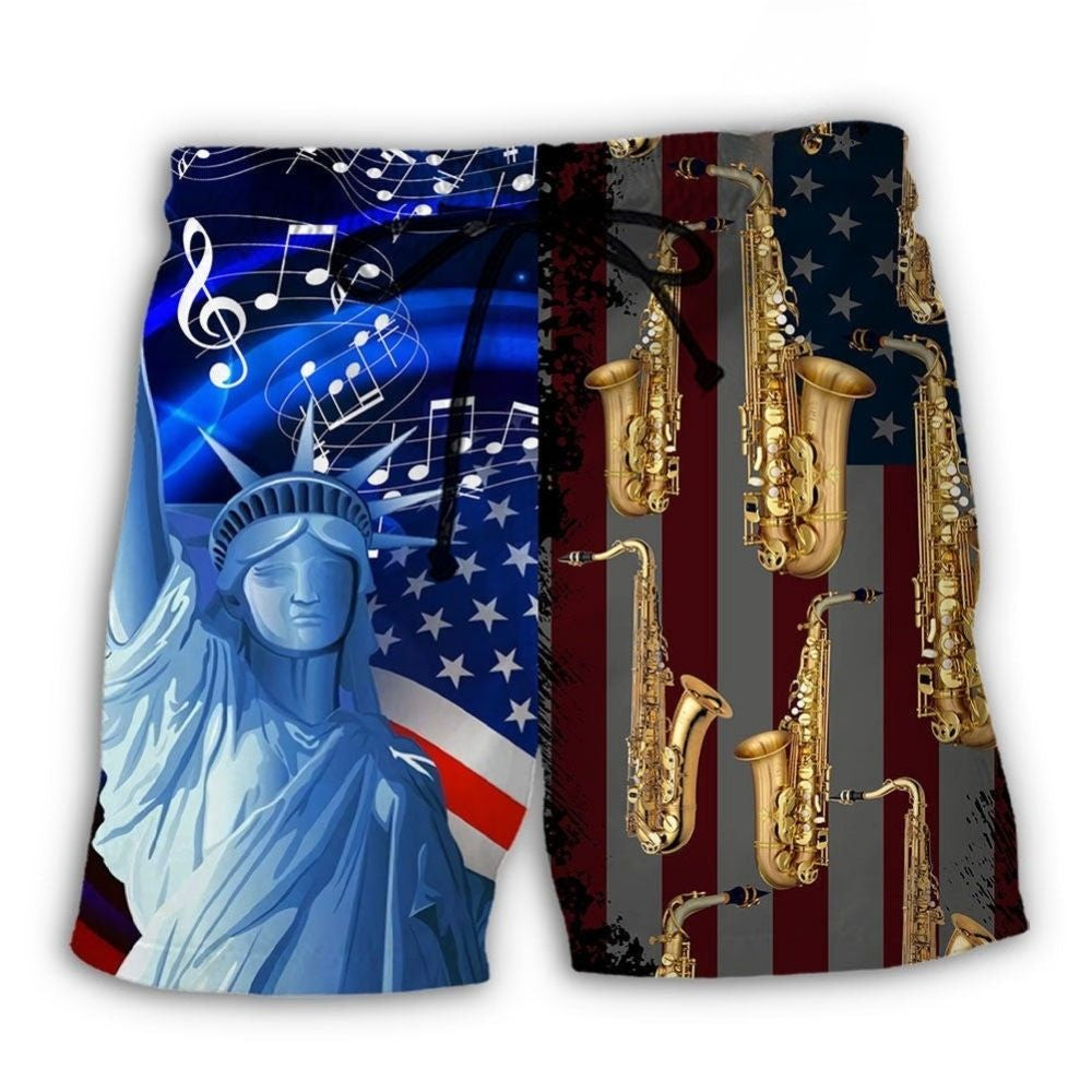Saxophone US Flag Independence Day Beach Shorts Design Detail For Weekend Getaways And Beach Days