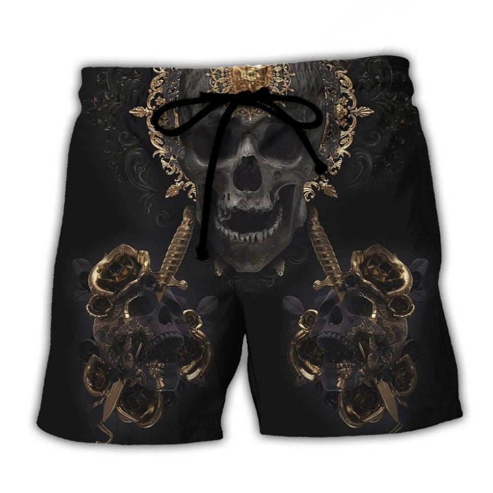 Golden Skull True King Fantasy Beach Shorts Design Detail For Casual Warm Weather Outfits
