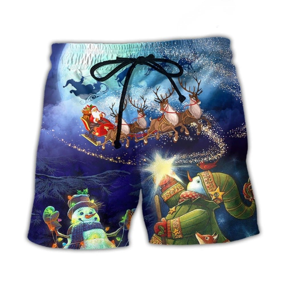 Santa Reindeer Snowman Holiday Lights Beach Shorts Print Detail For Beach Activities And Vacation Wear