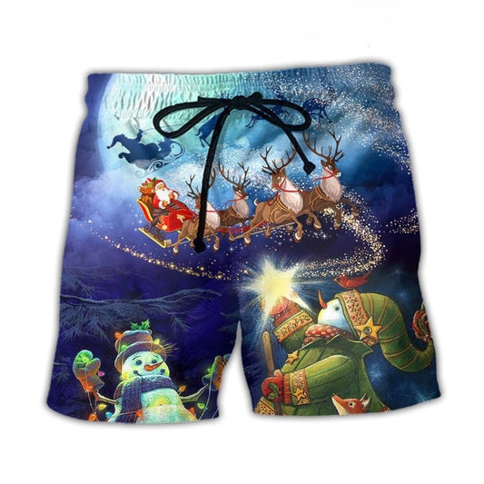Santa Reindeer Snowman Holiday Lights Beach Shorts Print Detail For Beach Activities And Vacation Wear
