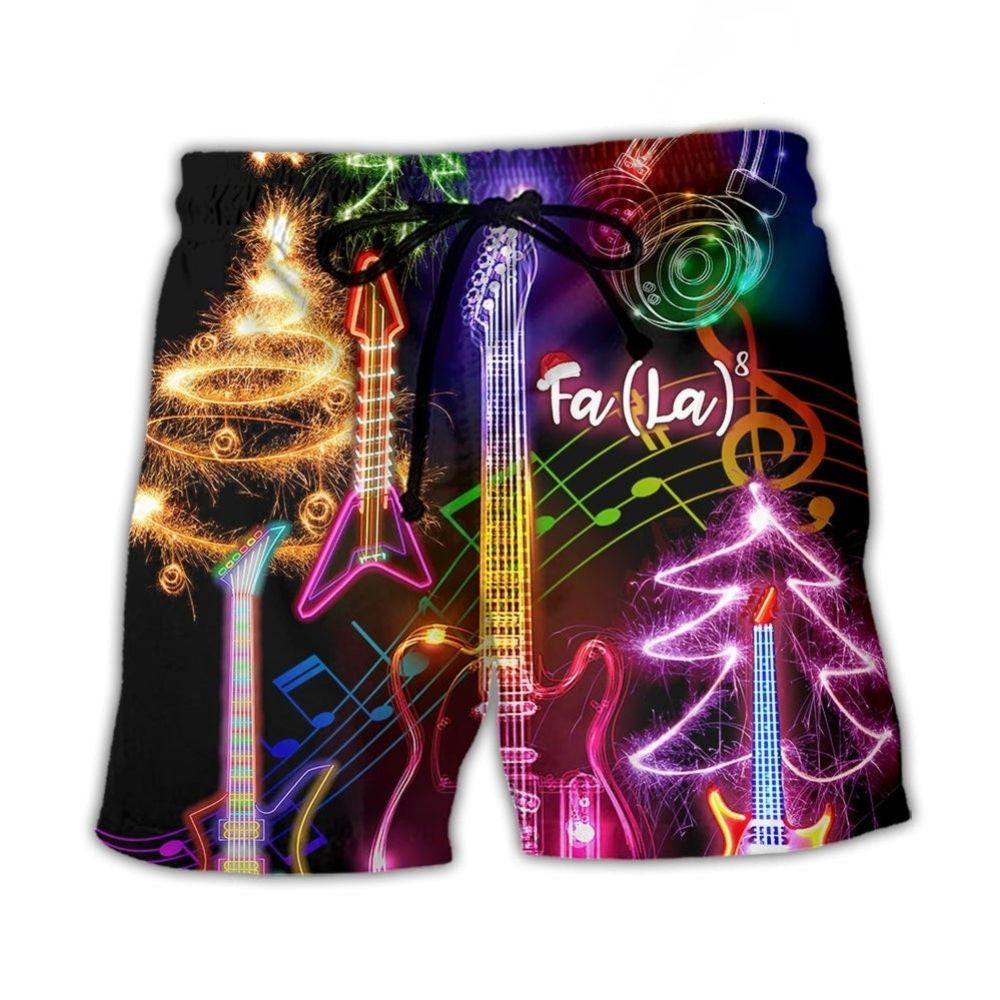 Christmas Guitar Tree Happy Glow Beach Shorts Pattern View For Vacation Travel And Outdoor Fun