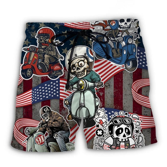 Scooter Skeleton USA Flag Celebration Beach Shorts Design Detail For Casual Warm Weather Outfits