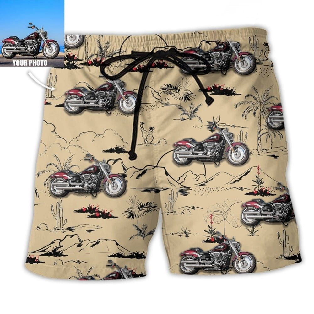 Motorcycle Desert Mountain Cactus Art Personalized Photo Beach Shorts For Tropical Getaways And Weekend Adventures