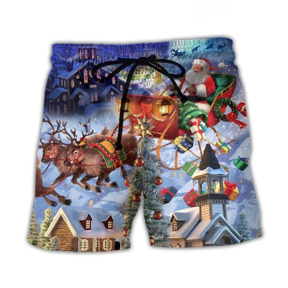 Santa And Reindeer Gift Light Beach Shorts For Beach Trips And Relaxed Vacation Styling