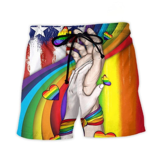 LGBT Pride Hand Love Symbol Beach Shorts Artwork Detail For Tropical Travel And Everyday Wear
