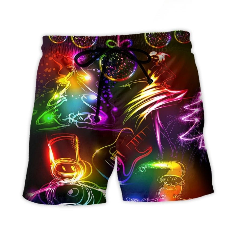 Dancing Santa Snowman Neon Christmas Beach Shorts Print View For Coastal Escapes And Casual Outings