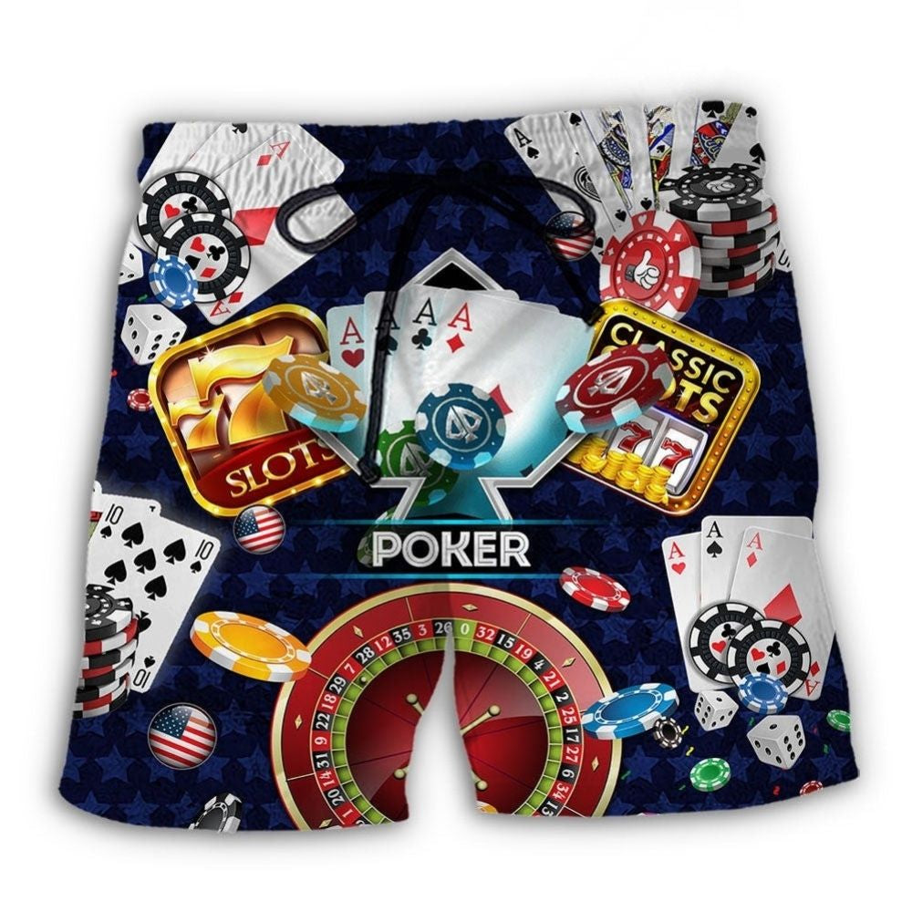 Poker US Flag Independence Day Beach Shorts For Freedom Celebrations, Coastal Trips, And Outdoor Style