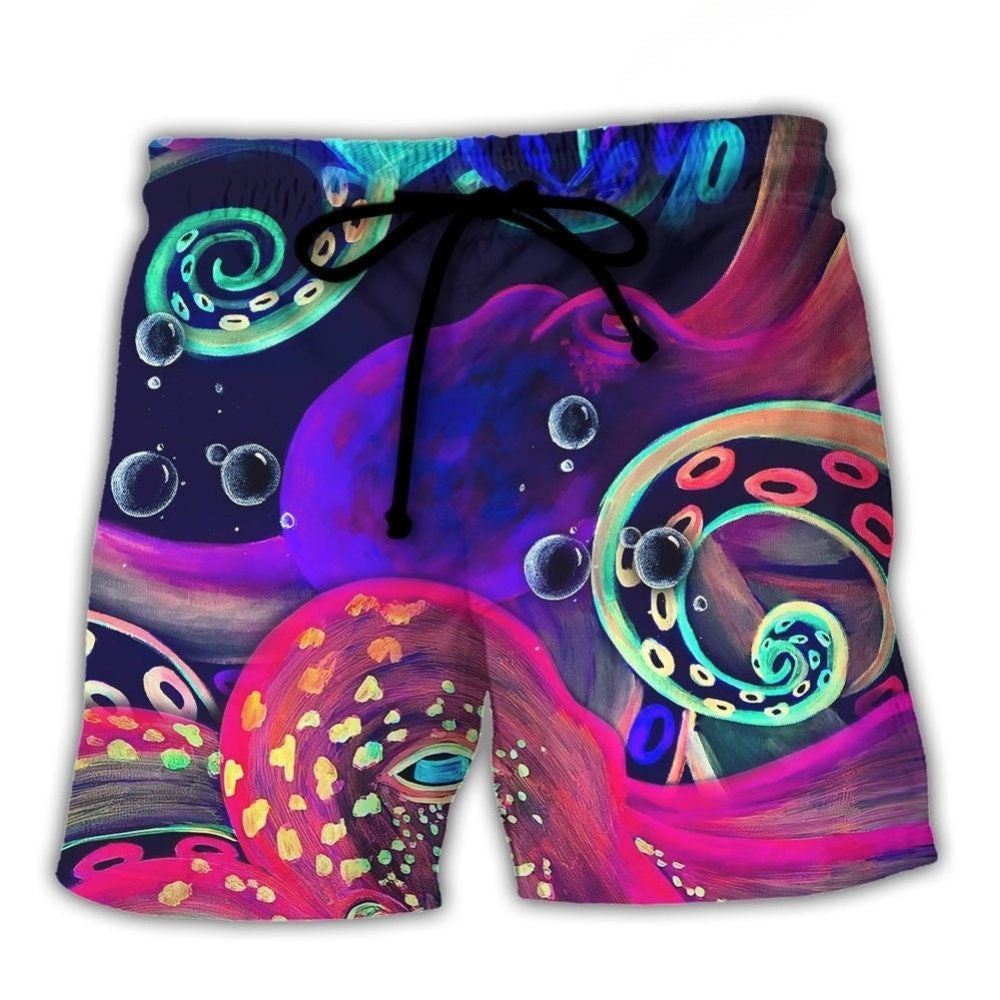 Neon Octopus Under The Sea Beach Shorts Design Detail For Weekend Getaways And Beach Days