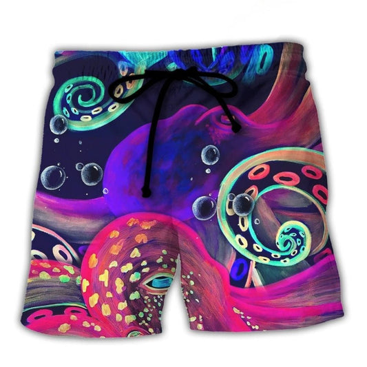 Neon Octopus Under The Sea Beach Shorts Design Detail For Weekend Getaways And Beach Days