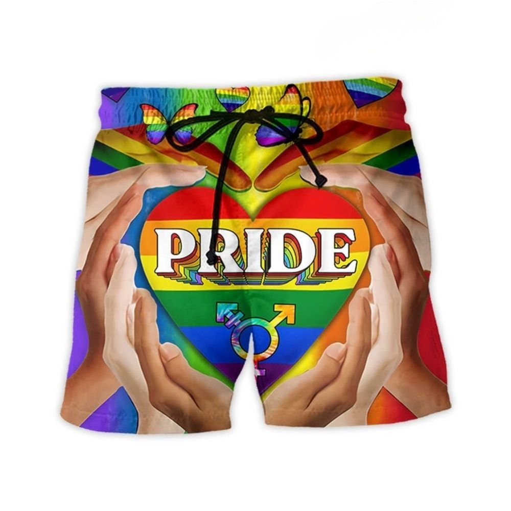 LGBT Pride Love Heart Colorful Beach Shorts For Beach Trips And Relaxed Vacation Styling