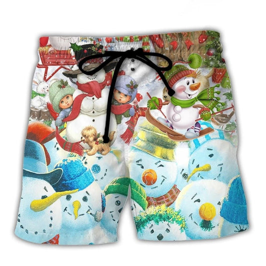 Happy Snowman Farm Christmas Holiday Beach Shorts Pattern View For Vacation Travel And Outdoor Fun