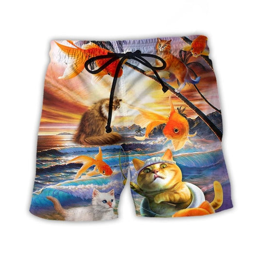 Cat Catching Fish Playful Beach Shorts For Outdoor Adventures And Thoughtful Seasonal Gifts