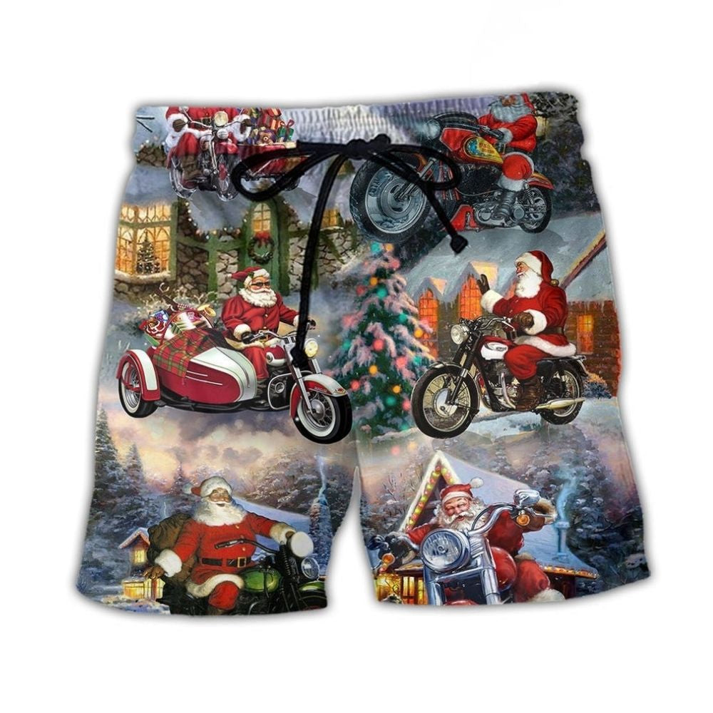 Santa Motorcycle Ride Holiday Lights Beach Shorts Print View For Coastal Escapes And Casual Outings
