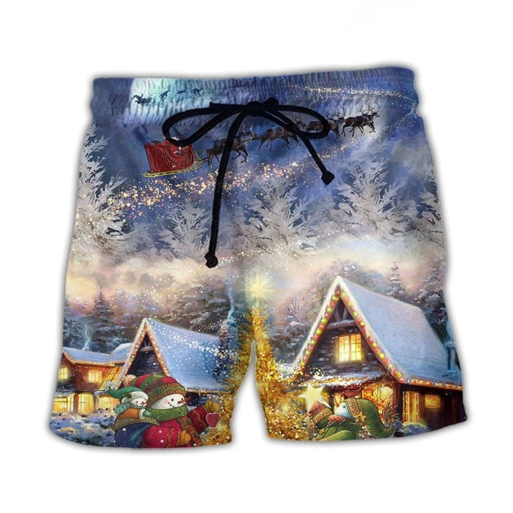 Santa Reindeer Snowman Family Love Lights Beach Shorts Artwork Detail For Tropical Travel And Everyday Wear