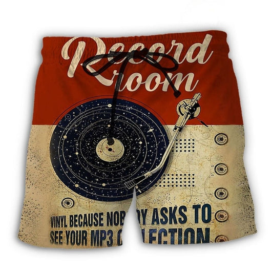 Music Record Room Retro Beach Shorts Design View For Summer Events And Coastal Getaways
