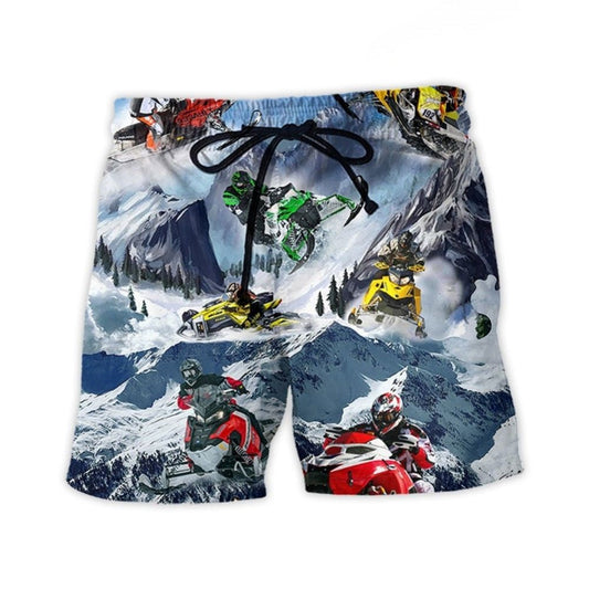 Snowmobile Adventure Ice Mountain Beach Shorts Artwork Detail For Tropical Travel And Everyday Wear