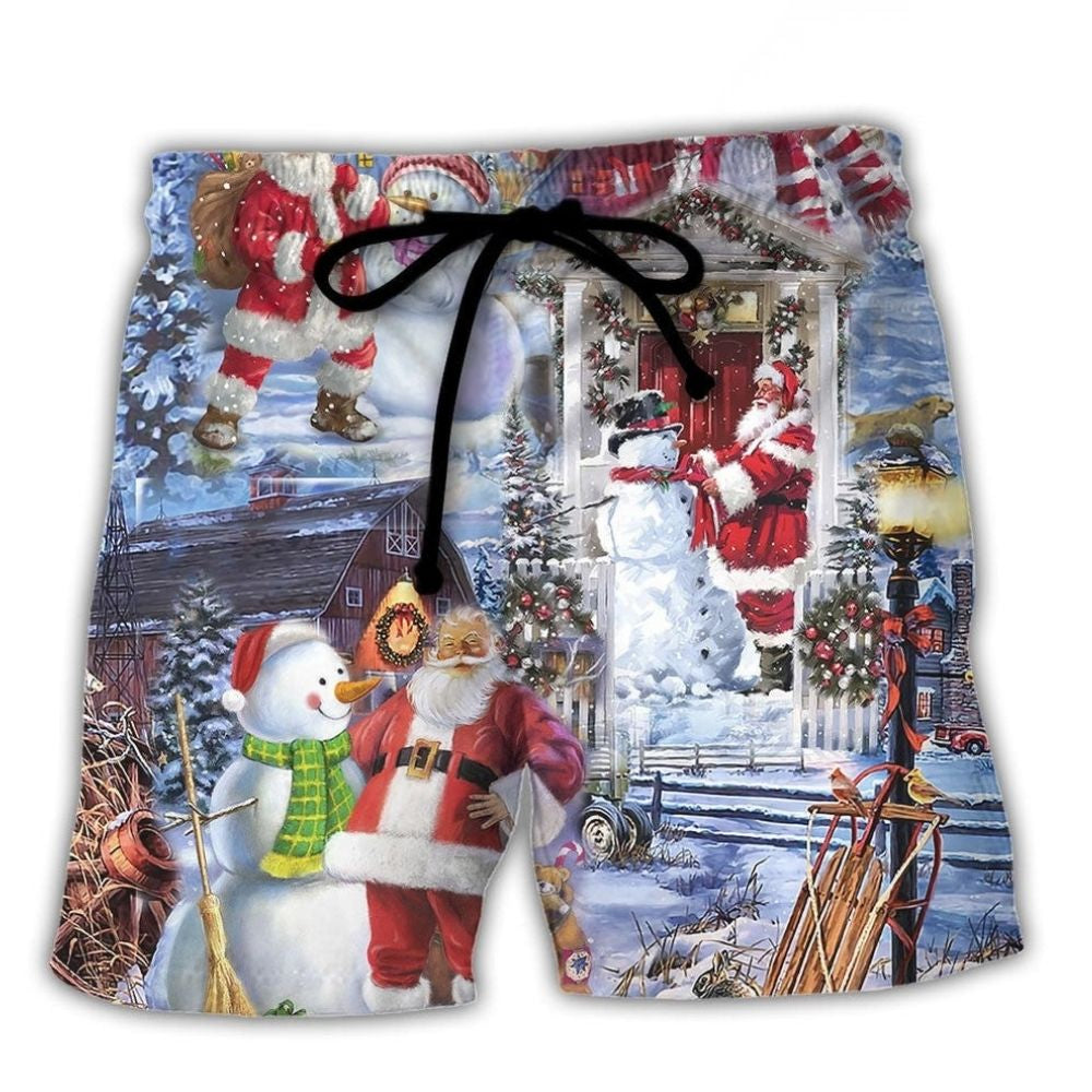 Santa And Snowman Happy Holiday Beach Shorts For Tropical Getaways And Weekend Adventures