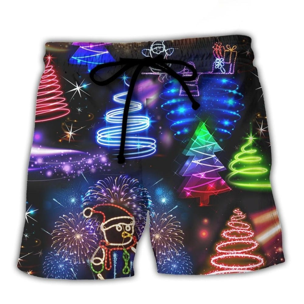 Neon Santa And Snowman Holiday Beach Shorts Pattern View For Vacation Travel And Outdoor Fun