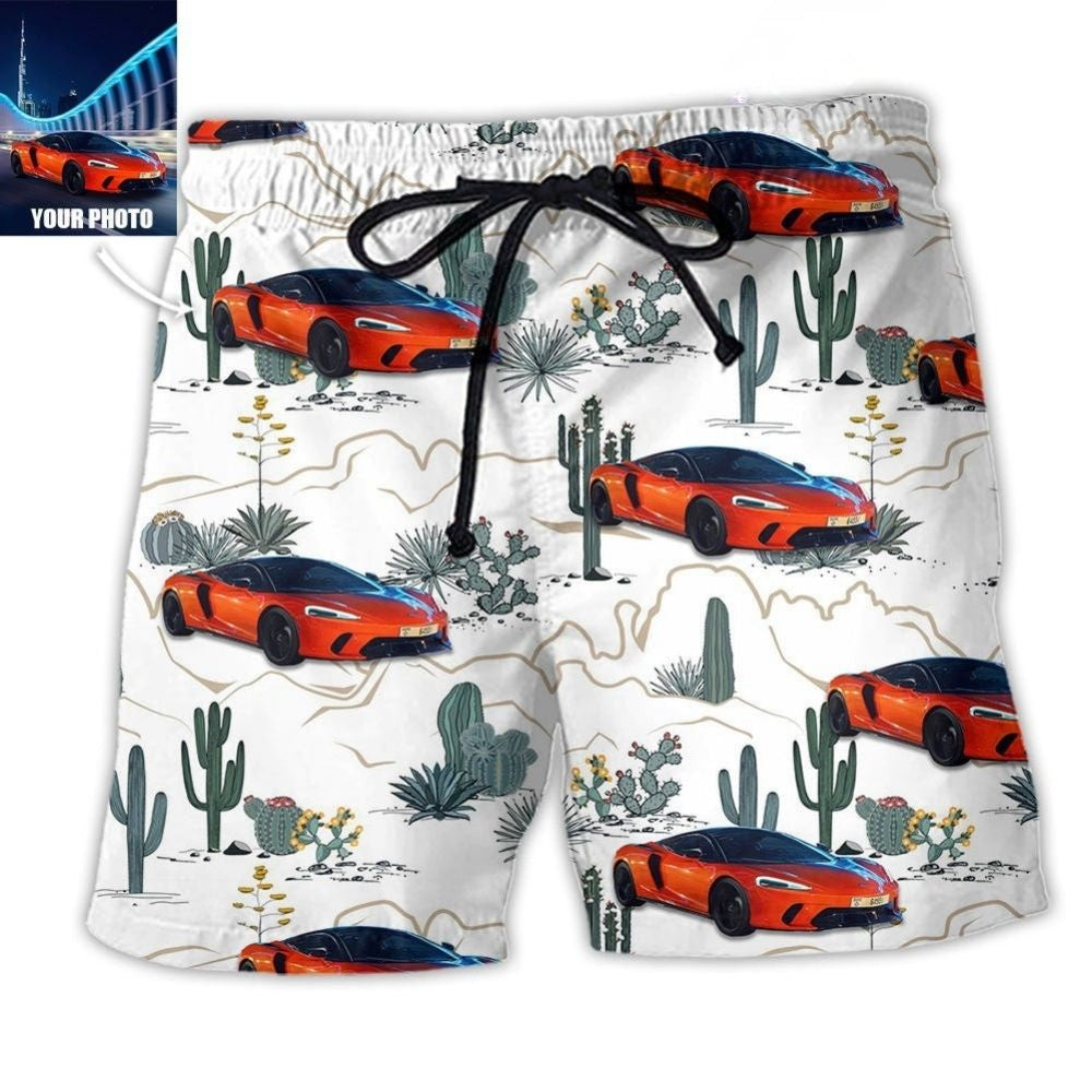 Desert Road With Mountains And Cactus Personalized Photo Beach Shorts For Summer Vacation And Coastal Travel