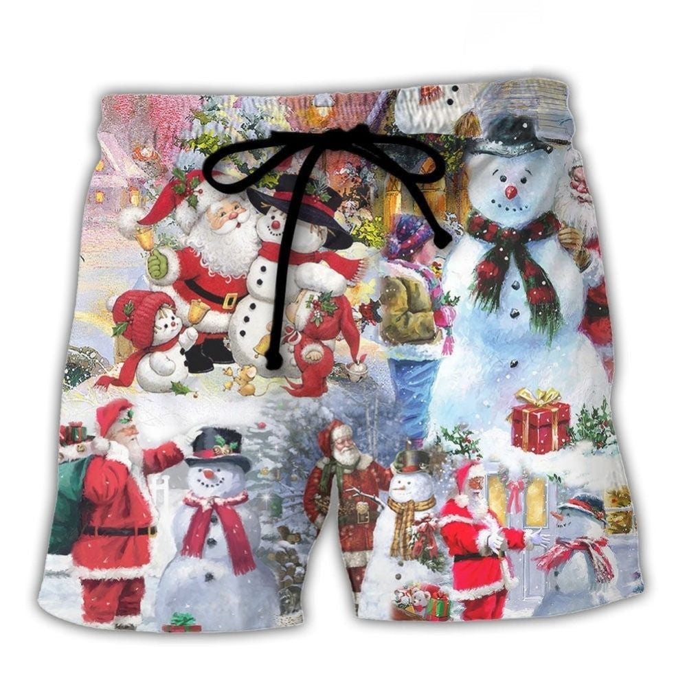 Santa And Snowman Christmas Village Beach Shorts For Beach Trips And Relaxed Vacation Styling