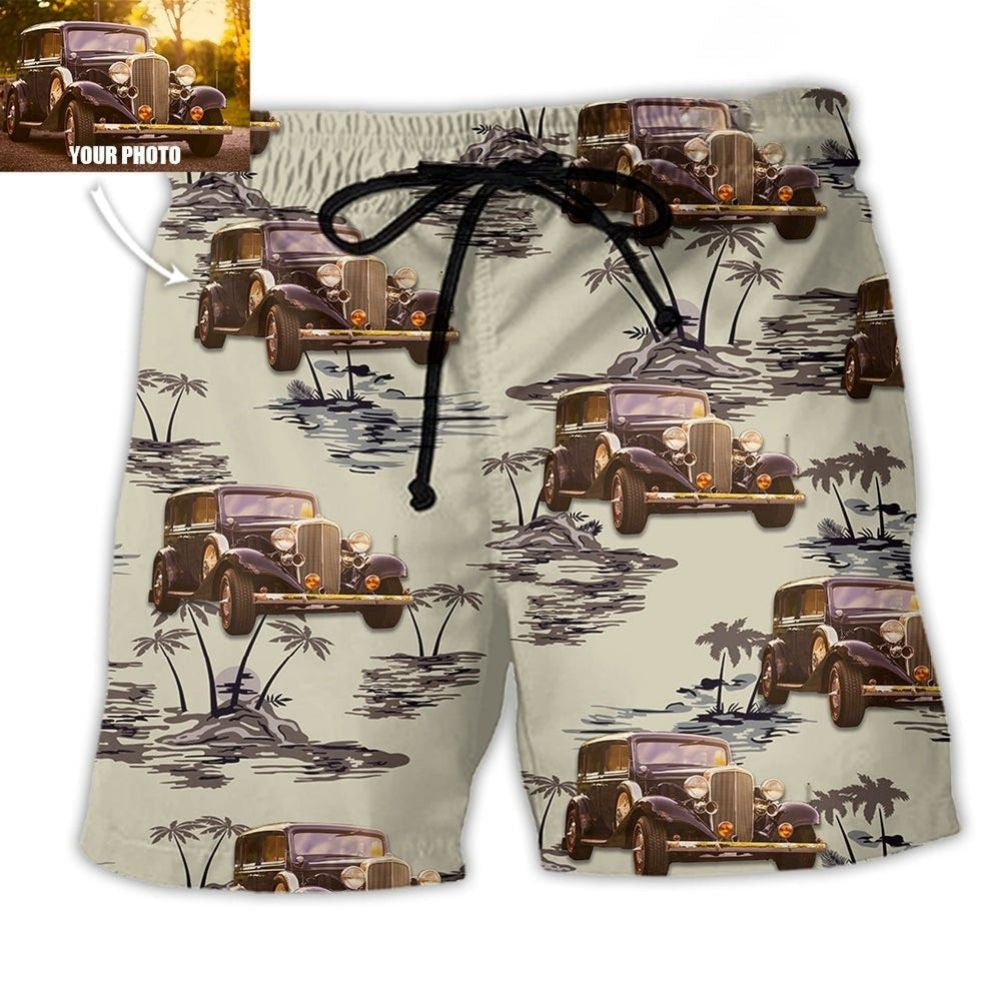Vintage Car Tropical Island Palm Pattern Personalized Photo Beach Shorts For Summer Vacation And Coastal Travel