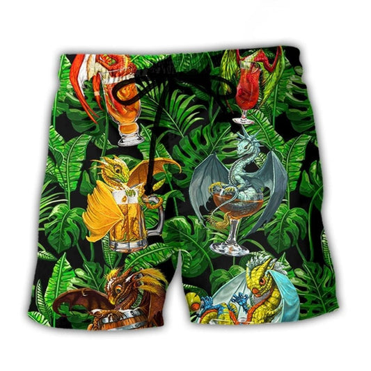 Dragon Drinking Fantasy Humor Beach Shorts Design View For Poolside Relaxation And Holiday Trips