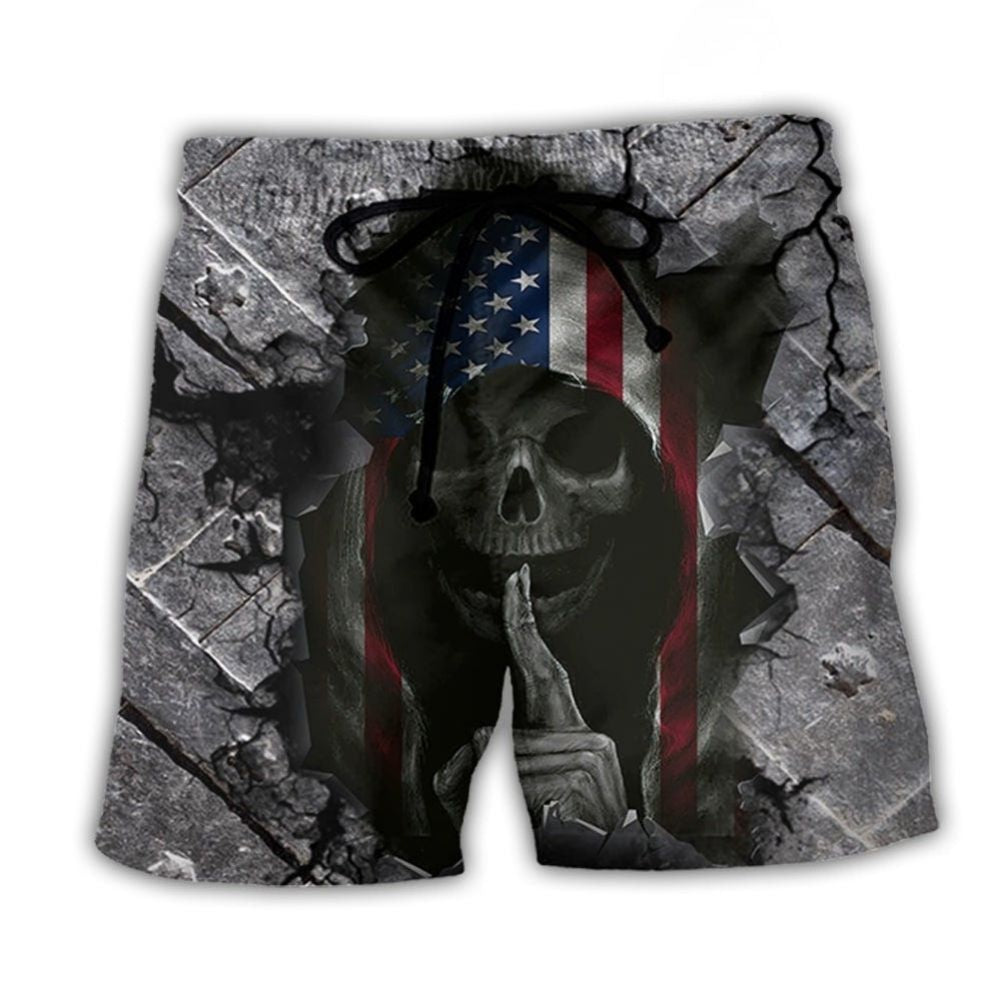 Skull Dark USA Flag Wrought Iron Beach Shorts Artwork Detail For Tropical Travel And Everyday Wear