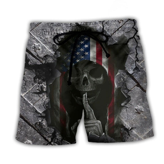 Skull Dark USA Flag Wrought Iron Beach Shorts Artwork Detail For Tropical Travel And Everyday Wear