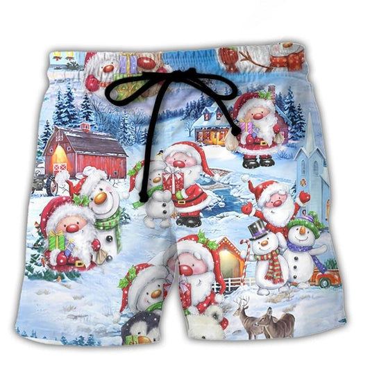 Santa And Snowman Christmas Celebration Beach Shorts Pattern View For Resort Days And Outdoor Activities