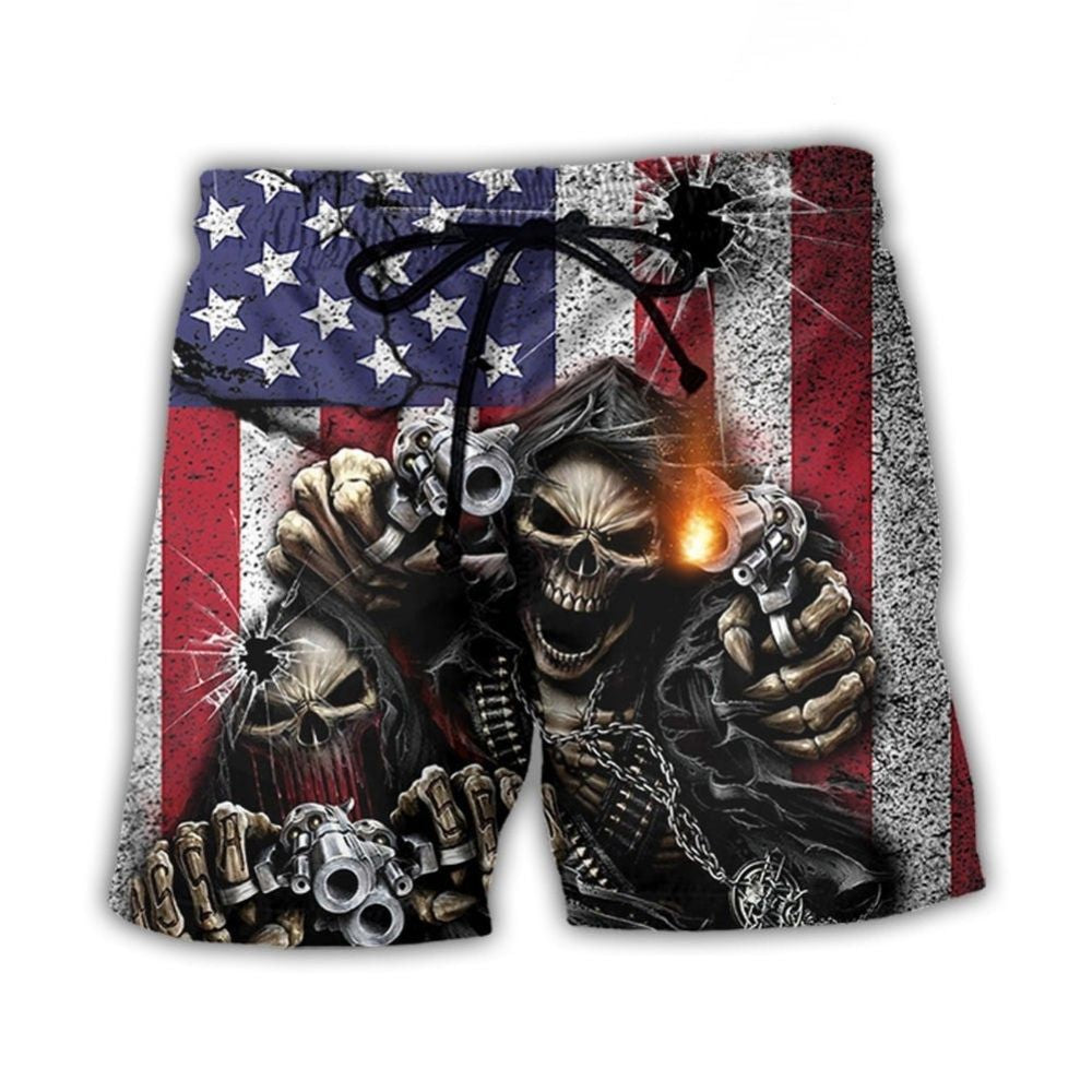 Vintage Skull USA Flag Beach Shorts Artwork Detail For Tropical Travel And Everyday Wear