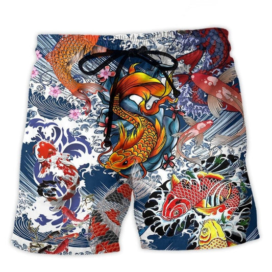 Amazing Koi Fish Ocean Beach Shorts Design View For Poolside Relaxation And Holiday Trips