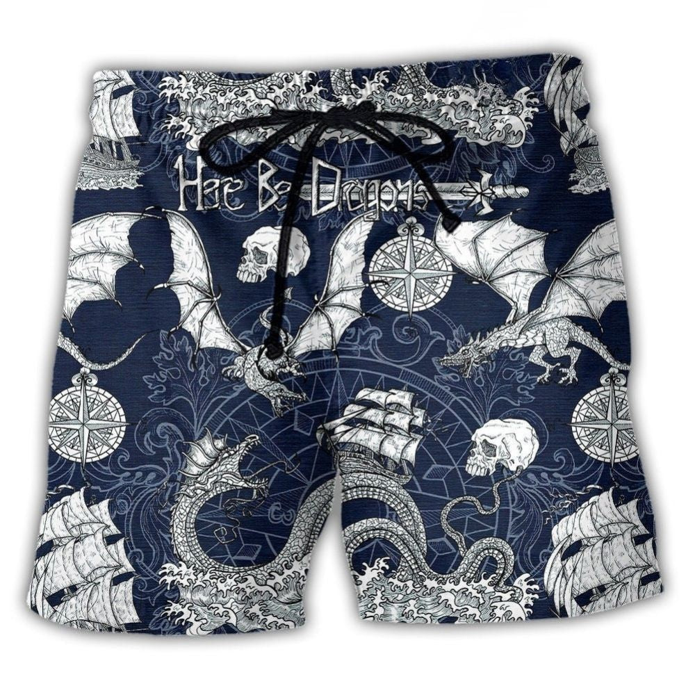 Dragon Skull Old Ship Sea Fantasy Beach Shorts Artwork Detail For Tropical Travel And Everyday Wear