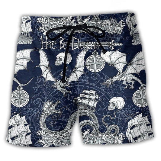 Dragon Skull Old Ship Sea Fantasy Beach Shorts Artwork Detail For Tropical Travel And Everyday Wear