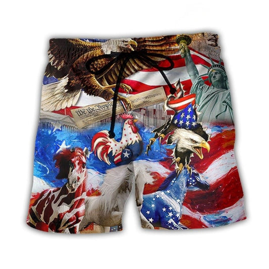 Happy Animals USA Independence Day Beach Shorts Pattern View For Coastal Holidays And Casual Activities