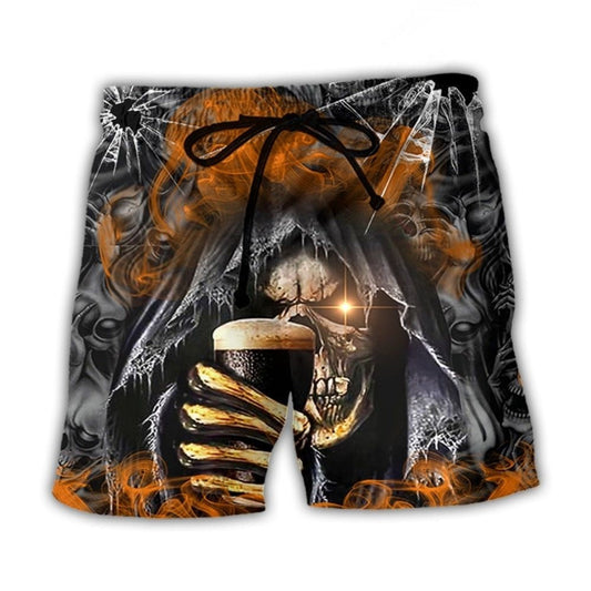 Skull Dark Drinking Orange Smoke Beach Shorts Pattern View For Resort Days And Outdoor Activities