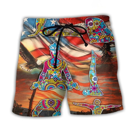 Yoga USA Independence Day Pose Beach Shorts Artwork View For Seaside Trips And Casual Style