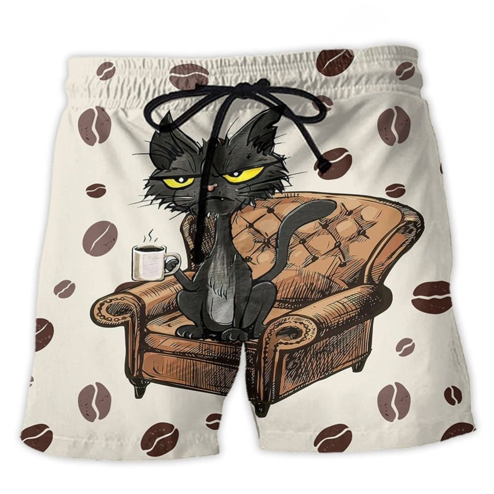 Coffee Black Cat Lover Beach Shorts Pattern View For Resort Days And Outdoor Activities